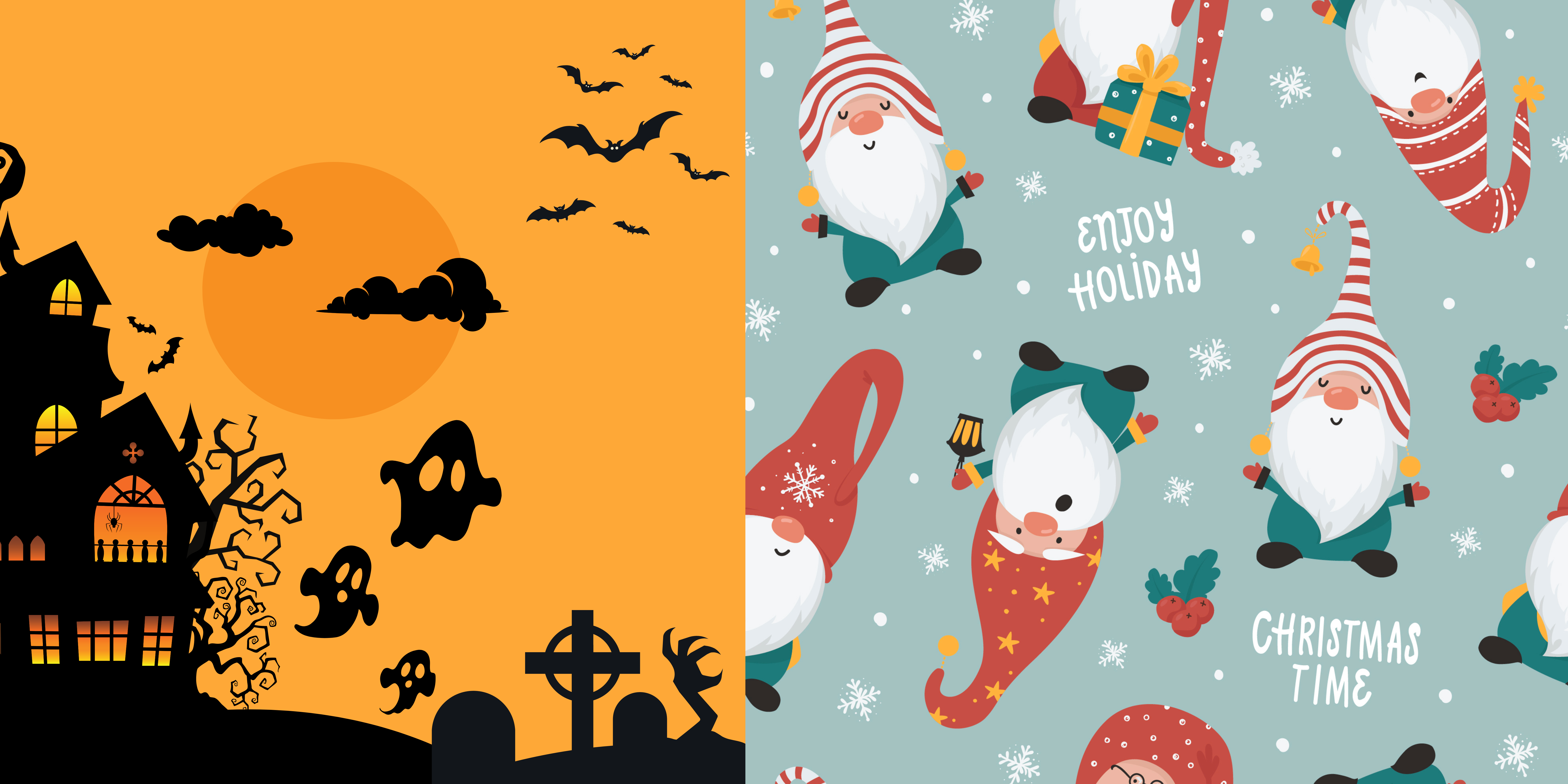 Christmas Vs Halloween - Only one can win. Haunted House image alongside Christmas Gonks.